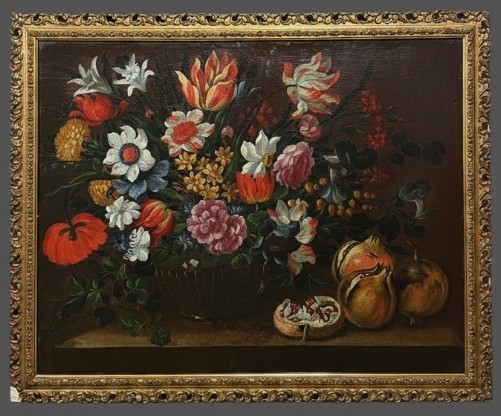 Gabriel De La Corte (1648-1694), Attributed To - Still Life With Basket Of Flowers, Apples And Pear