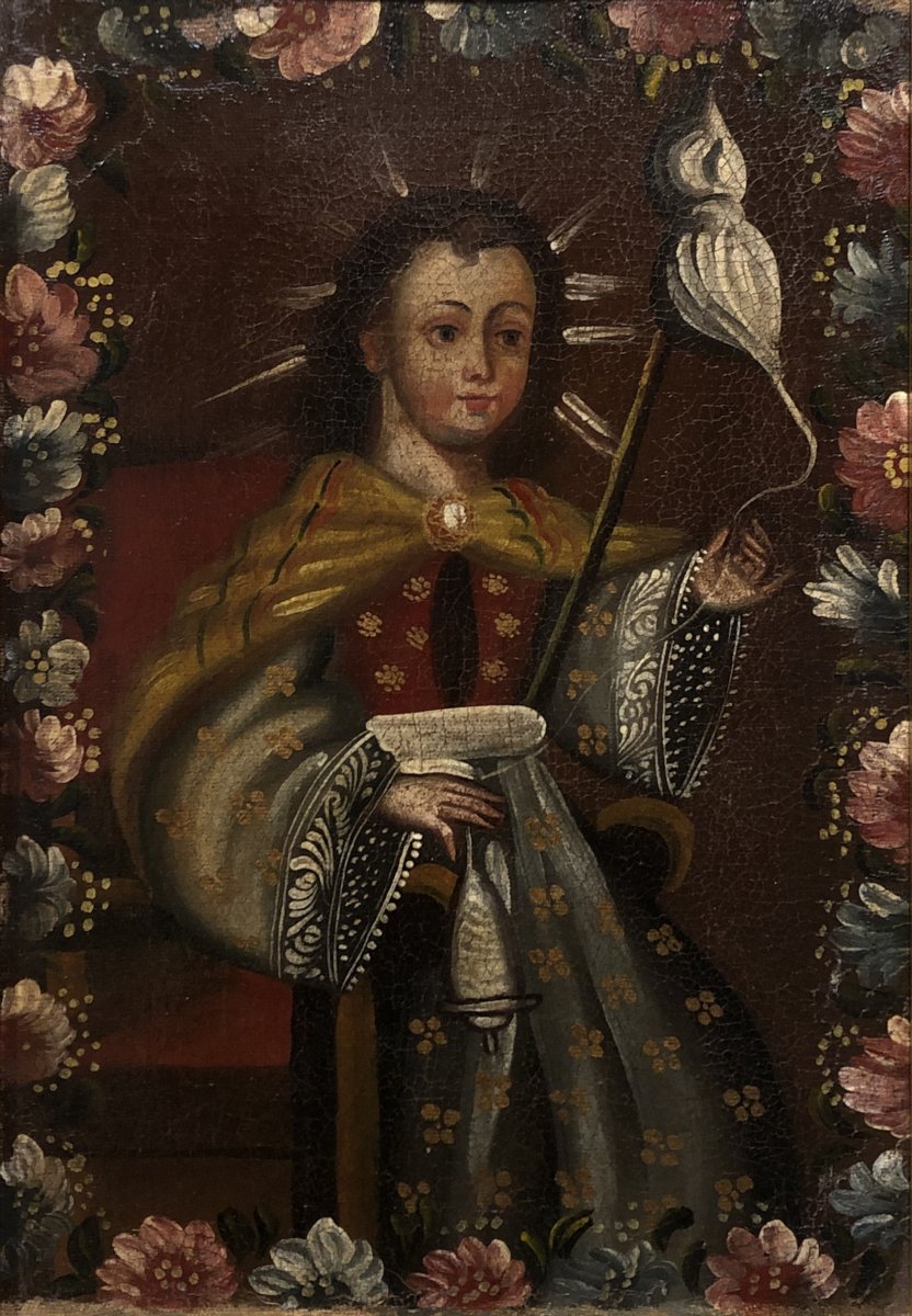 	École du Pérou (XIX) - La jeune Vierge Marie filant la laine-photo-2