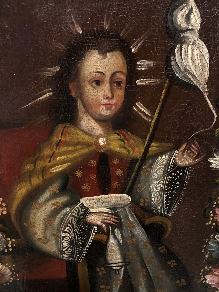	École du Pérou (XIX) - La jeune Vierge Marie filant la laine-photo-3