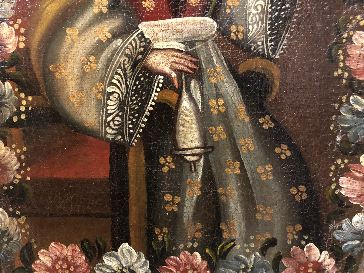 	École du Pérou (XIX) - La jeune Vierge Marie filant la laine-photo-1