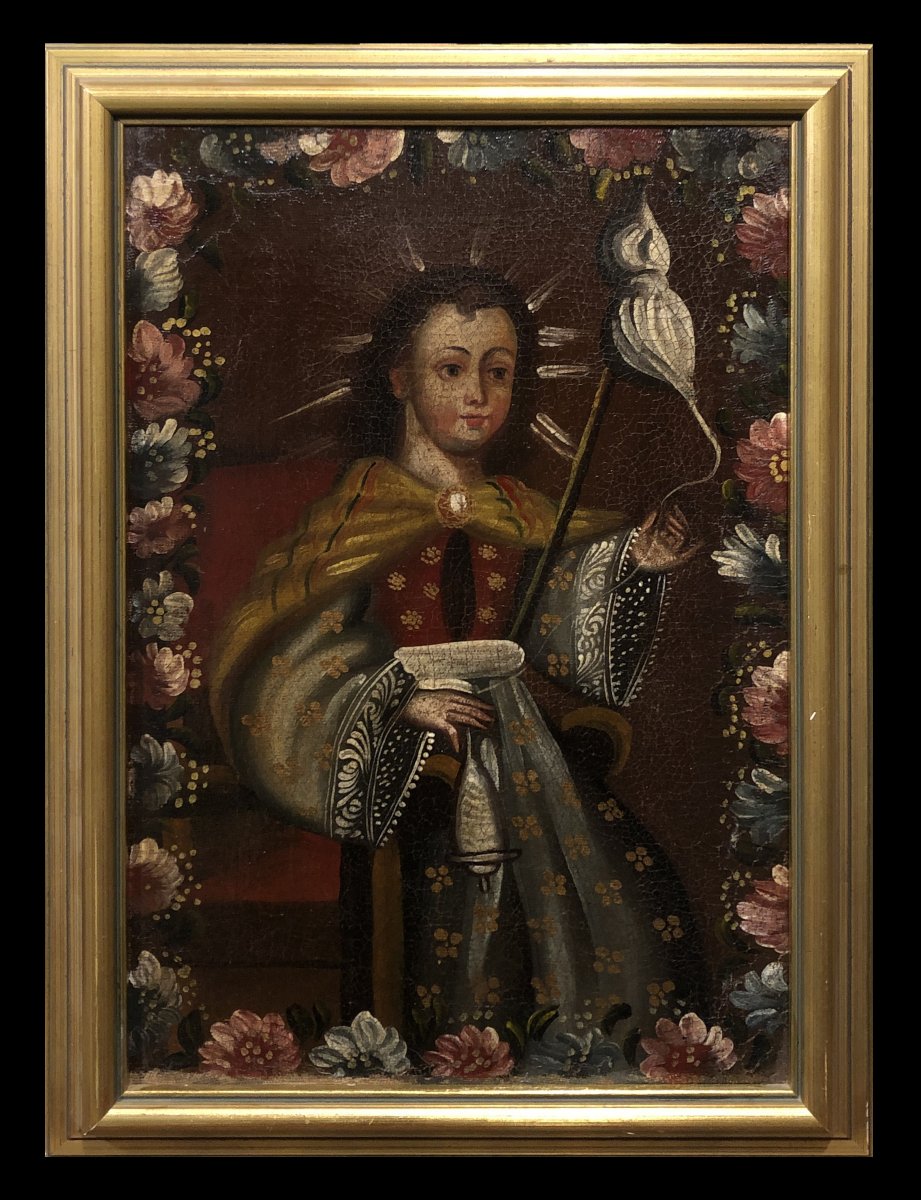 	École du Pérou (XIX) - La jeune Vierge Marie filant la laine