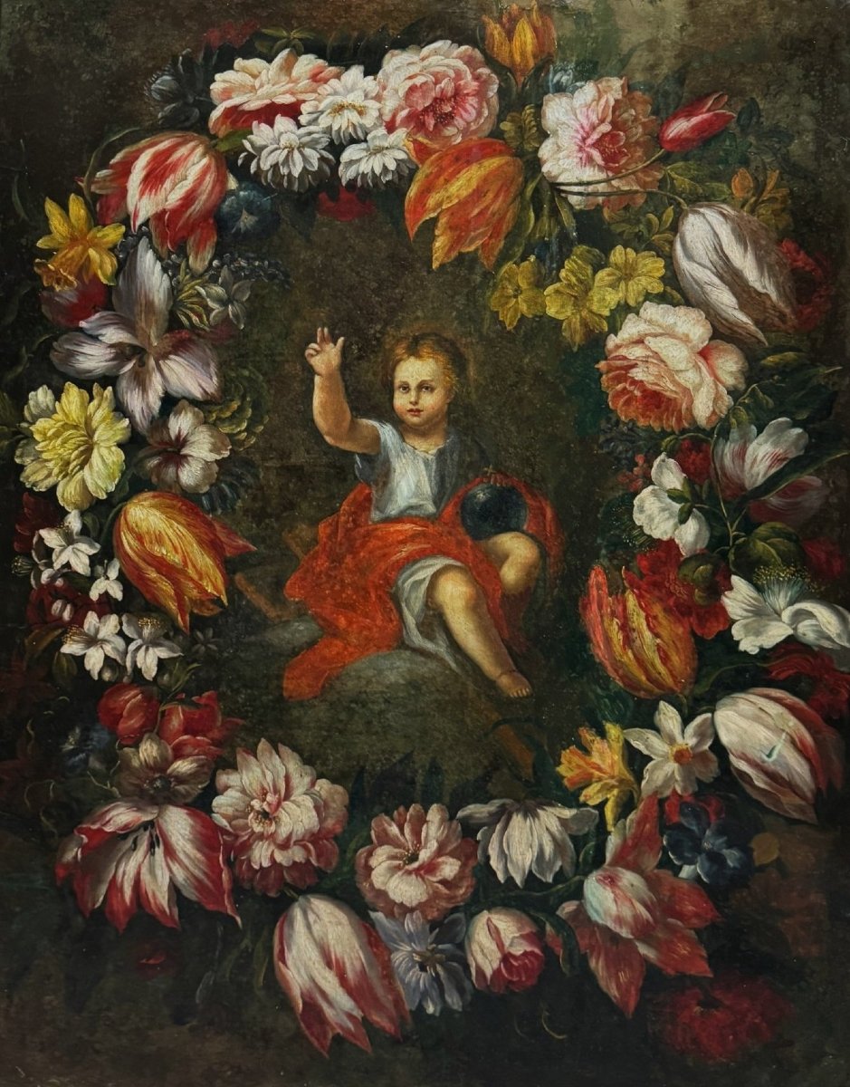 École Européene (XIX) - Gloire du Enfant Jesus dans une Guirlande -photo-2