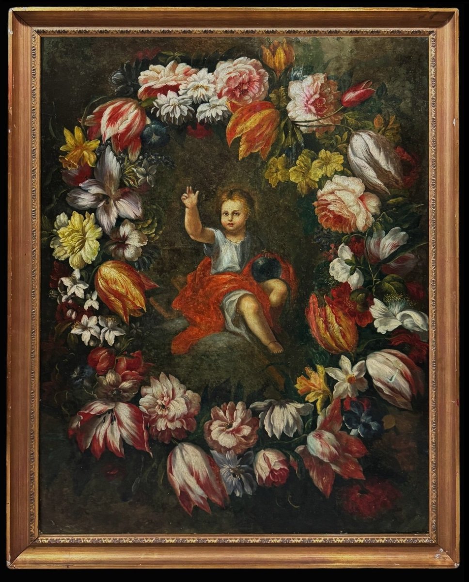 École Européene (XIX) - Gloire du Enfant Jesus dans une Guirlande 