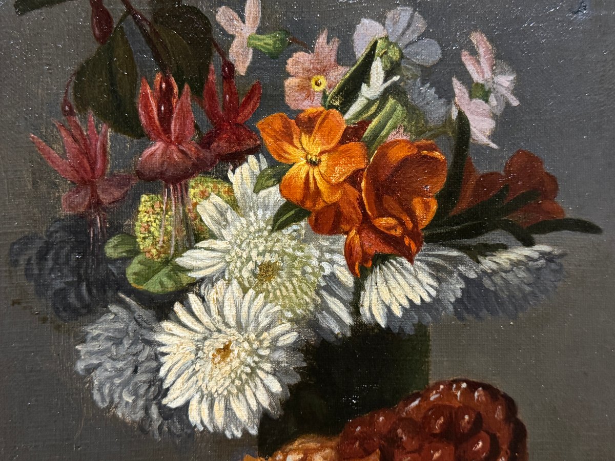 École Franco-Mexicaine (c. 1860) - Nature Morte avec Pan de Muerto et Bouquet à Fleurs-photo-4