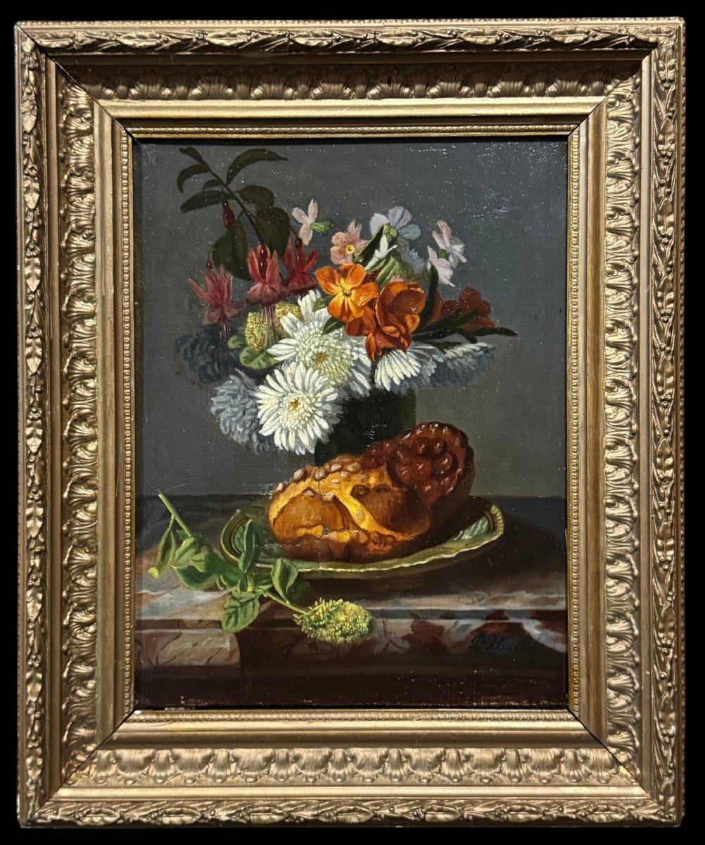 École Franco-Mexicaine (c. 1860) - Nature Morte avec Pan de Muerto et Bouquet à Fleurs