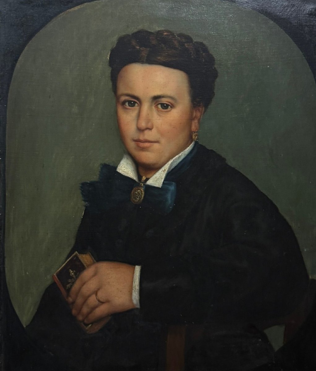 École réaliste (c.1860) – Portrait d'une jeune femme avec un livre de prières-photo-2