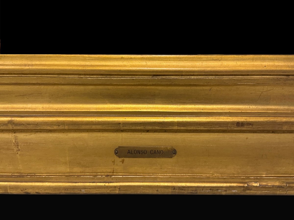 Énorme Cadre en Bois Doré Espagnol avec plaque "Alonso Cano" - Espagne, c. 1900-photo-1