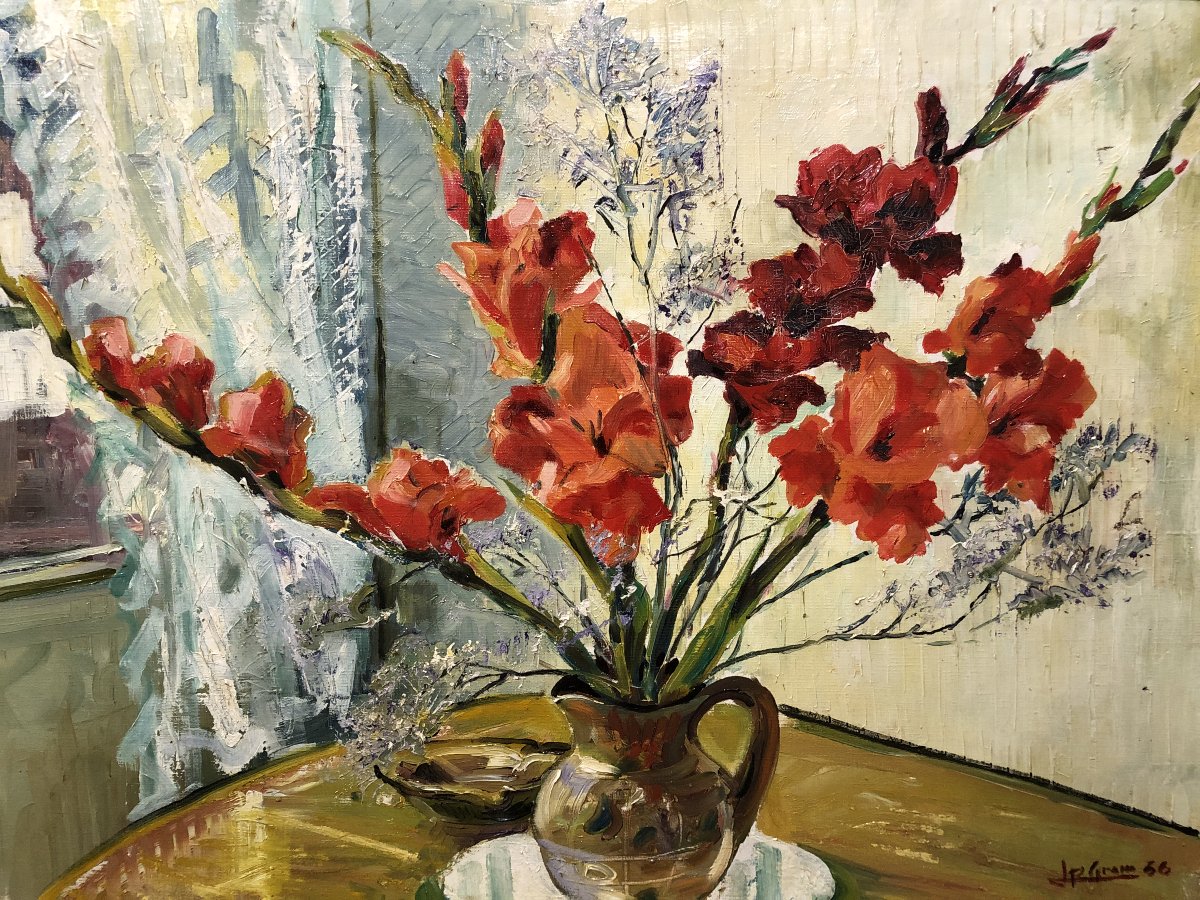 	 Jean-paul Grammare "gram" (1928–?) - Bouquet Of Red Gladioli-photo-2