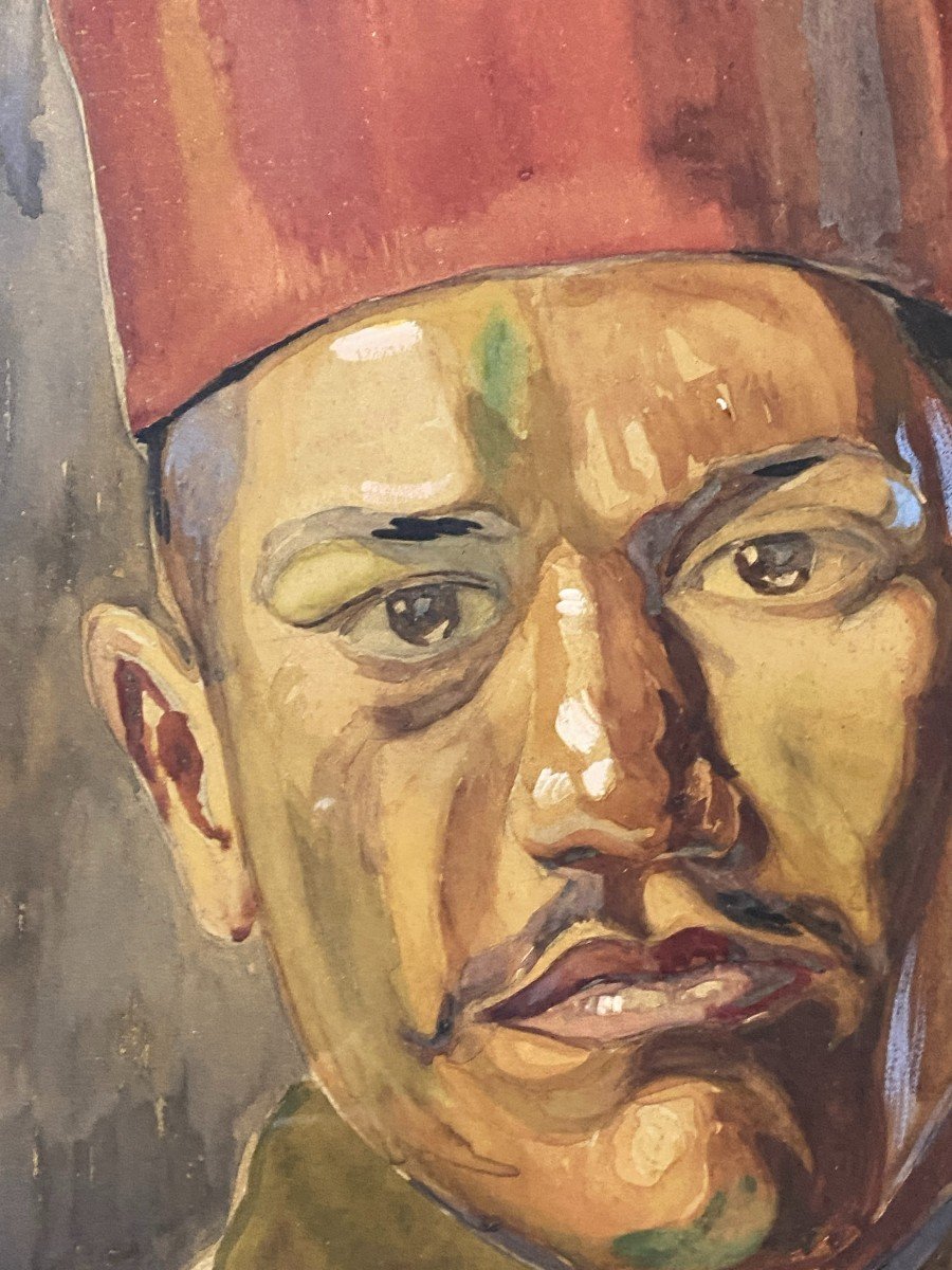 French School (painted In The Belgian Trenches) - Portrait Of Moroccan Tirailleur-photo-3