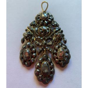 Magnifique Pendentif Rococo Ancien Espagnol En Or, Argent, Et Diamants, 18ème