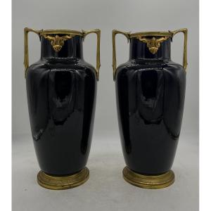 Magnifique Paire De Vases Bleu Lapis Sèvres Style Paul Millet - C. 1900