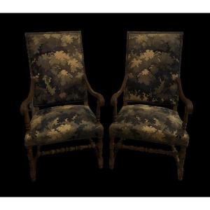 Two Magnificent Louis XIII Style Sheepskin Armchairs With 17th Century Aubusson Tapestries