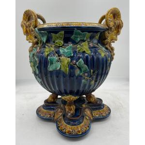 Magnificent Sarreguemines Earthenware Cup With Two Rams