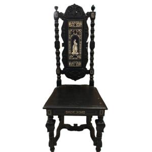 Magnificent Armchair In Blackened Wood With Ivory Marquetry Renaissance Style - Milan, C. 1890