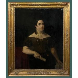 école Espagnole (c. 1840) - Somptueux Portrait De Dame 