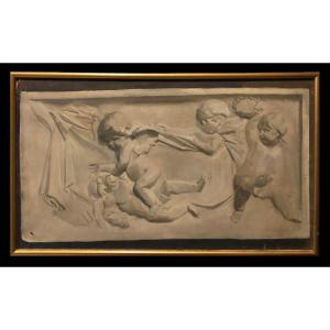 French School (late 18th Century) - Magnificent Tromp-l'oeil Grisaille Relief With Angels