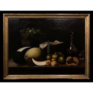 Spanish School (19th Century) - Still Life Of Melon And Figs