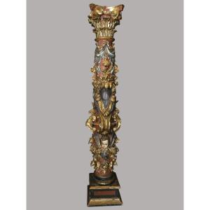 Colonne Baroque Polychrome Monumentale - Espagne ou Amérique, c. 1750