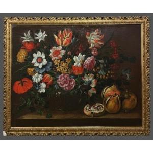 Gabriel de la Corte (1648-1694), attribué à - Nature morte au panier de fleurs, pommes et poire