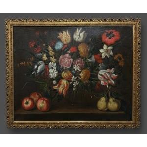 Gabriel de la Corte (1648-1694), attribué à - Nature morte au panier de fleurs et grenades