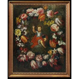 École Européene (XIX) - Gloire du Enfant Jesus dans une Guirlande