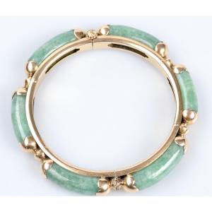 Bracelet En Or Jaune 18 Carats Rigide Orné De 6 Jades