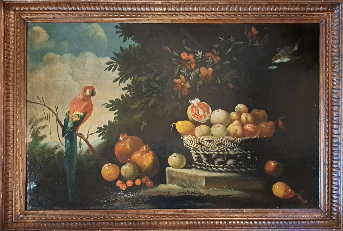 Nature morte à la corbeille de fruits et volatiles, Dans le goût du XVIIIème