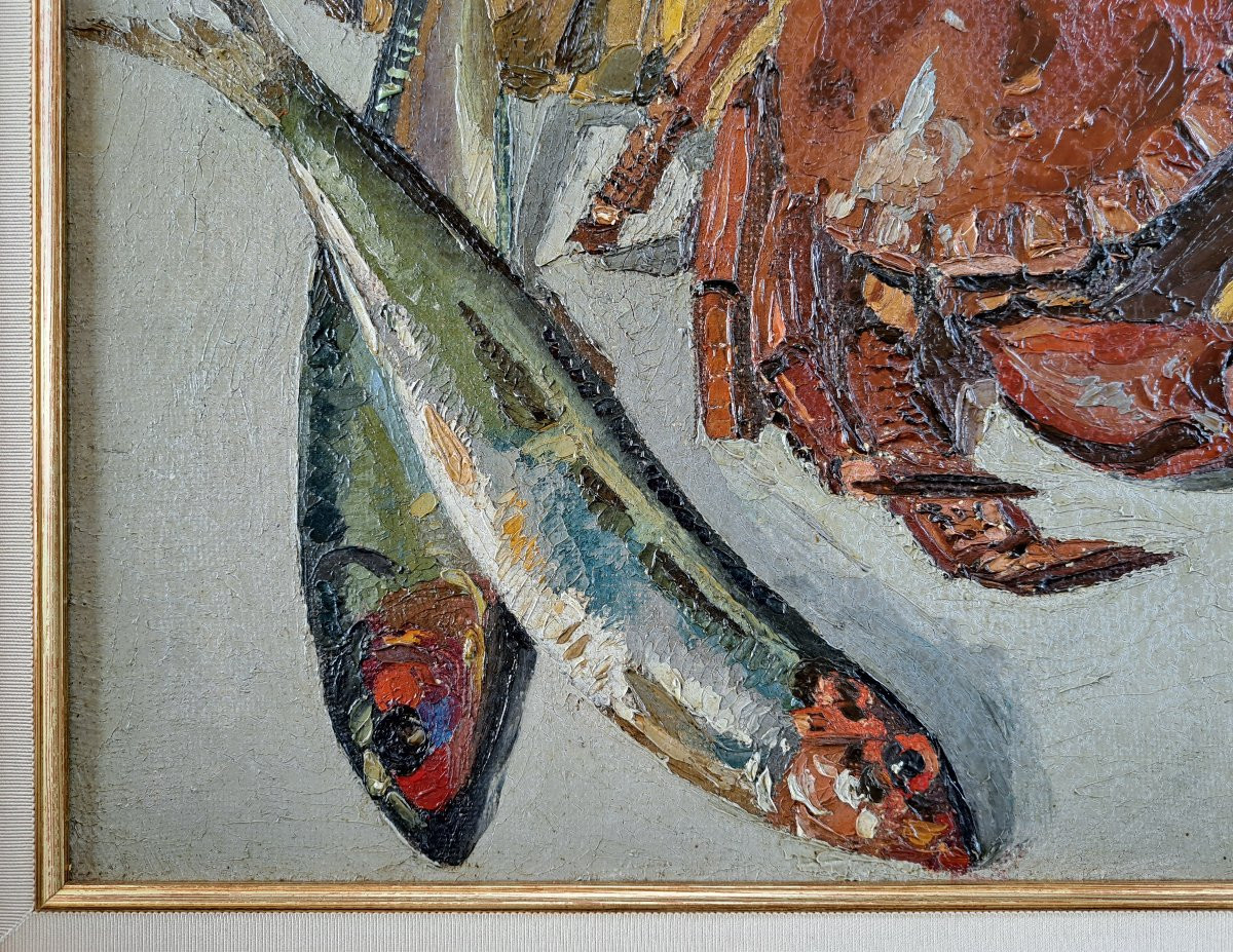 "Nature morte au tourteau", Huile sur Toile XXème-photo-4