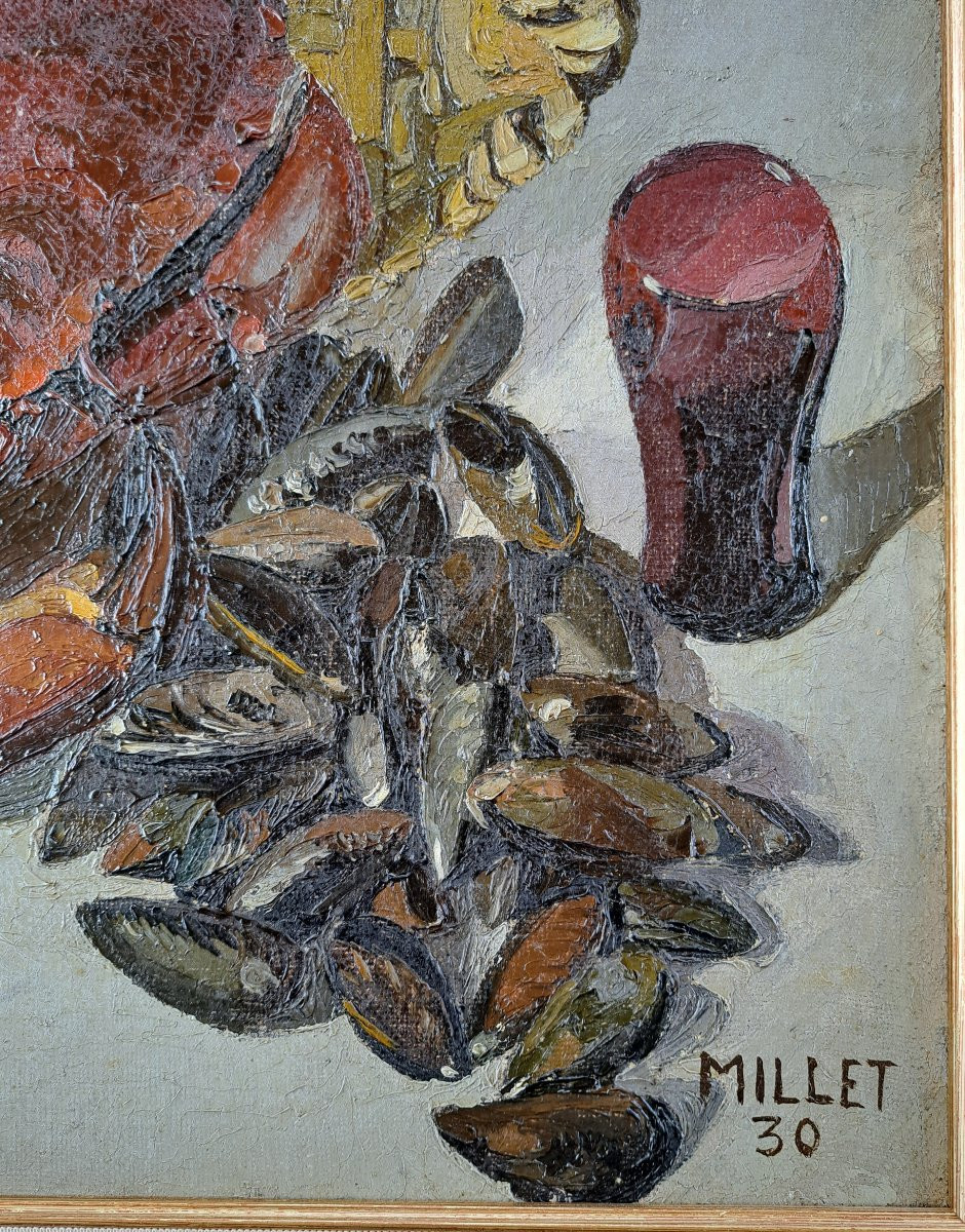 "Nature morte au tourteau", Huile sur Toile XXème-photo-5