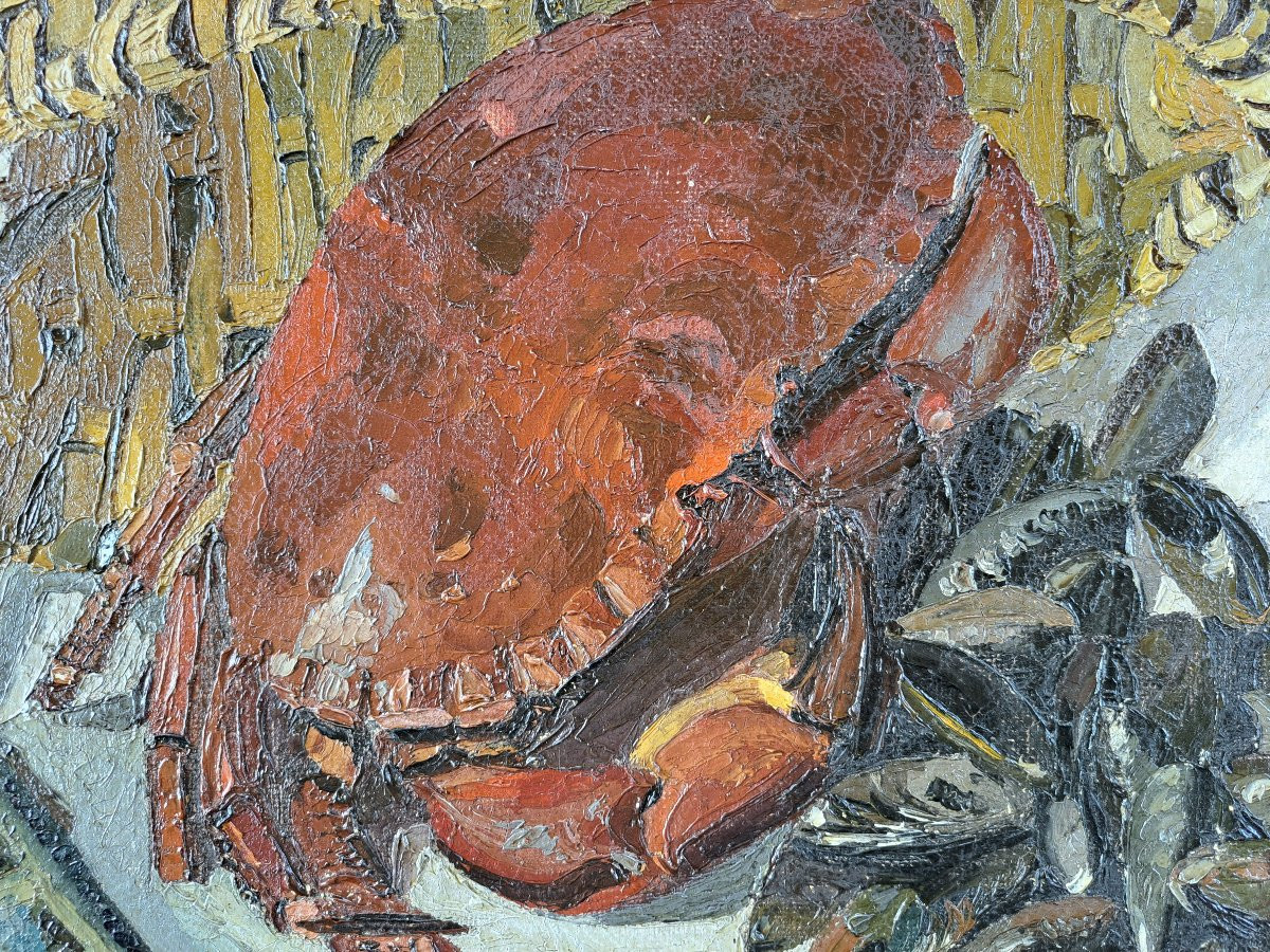 "Nature morte au tourteau", Huile sur Toile XXème-photo-6