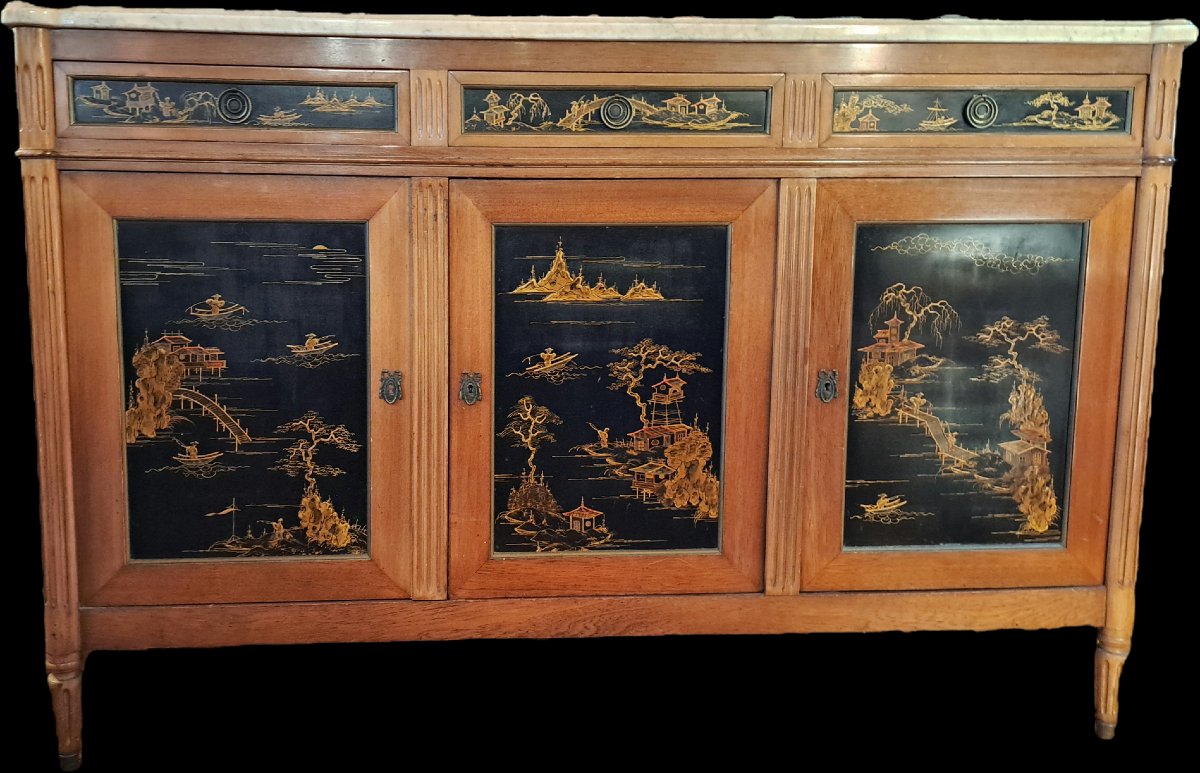 Enfilade de style Louis XVI à décors de laques japonaises-photo-2