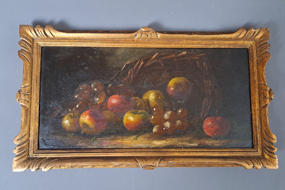 Nature Morte aux fruits et panier. Ecole française de la seconde moitié du XIXème.-photo-2
