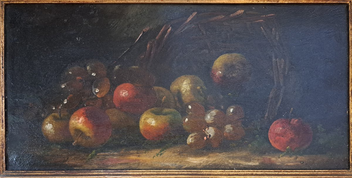 Nature Morte aux fruits et panier. Ecole française de la seconde moitié du XIXème.
