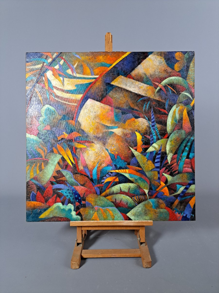 Oil On Canvas. Modern School In The Cubo-futurist Style Of The Early 20th Century.-photo-2