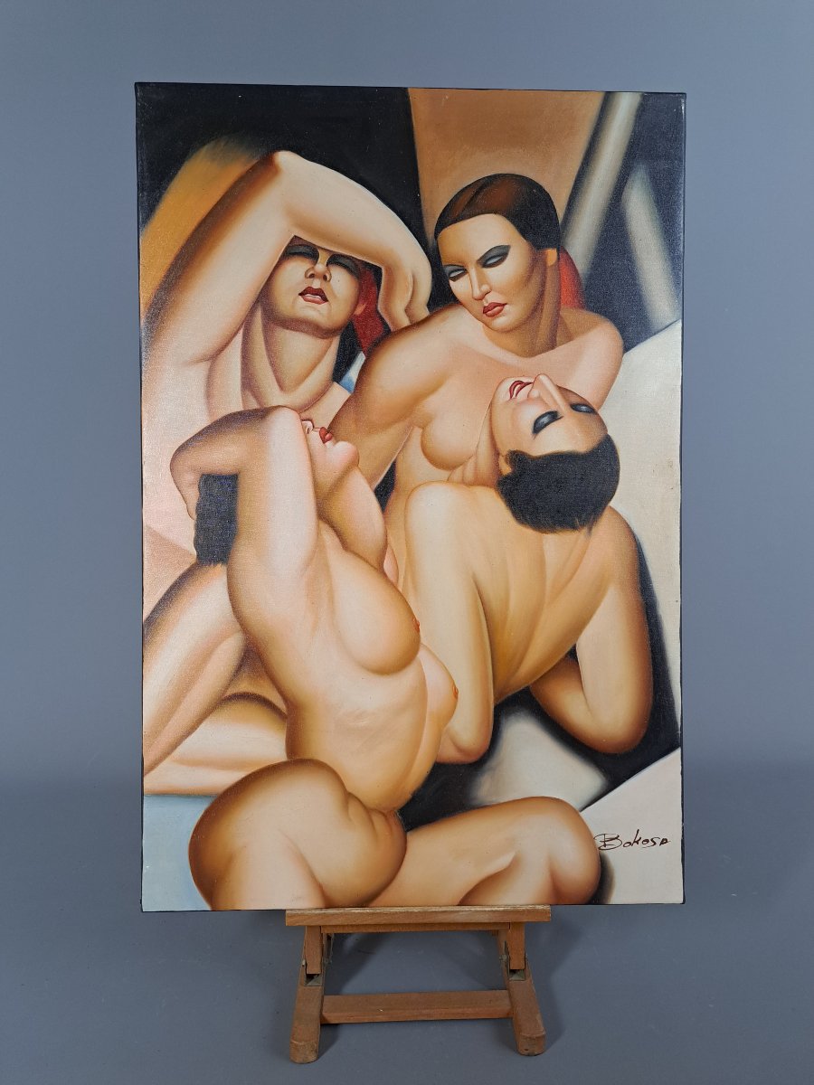 A la manière de Tamara DE LEMPICKA, groupe de nus féminins par Thea BOKOSA (XXème)-photo-2