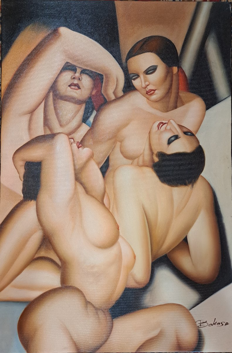 A la manière de Tamara DE LEMPICKA, groupe de nus féminins par Thea BOKOSA (XXème)