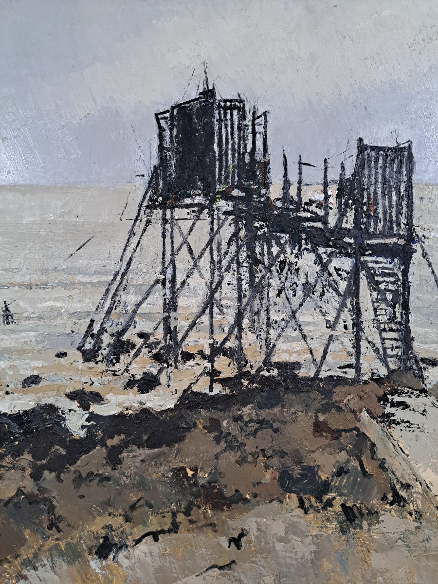 "Carrelets sur l'océan", huile sur Toile par Henri - André MARTIN (1918-2004)-photo-2