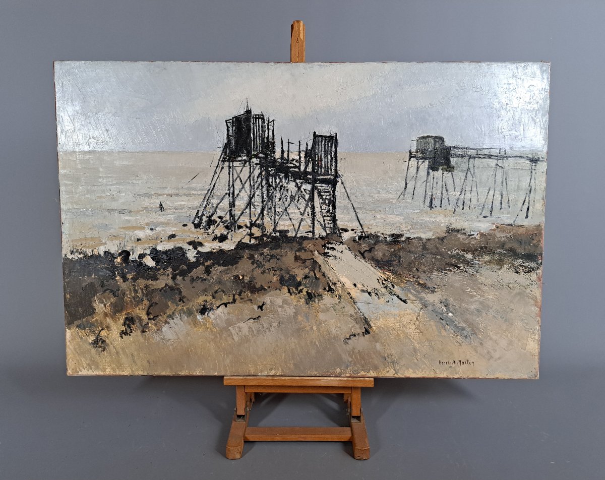 "Carrelets sur l'océan", huile sur Toile par Henri - André MARTIN (1918-2004)-photo-3