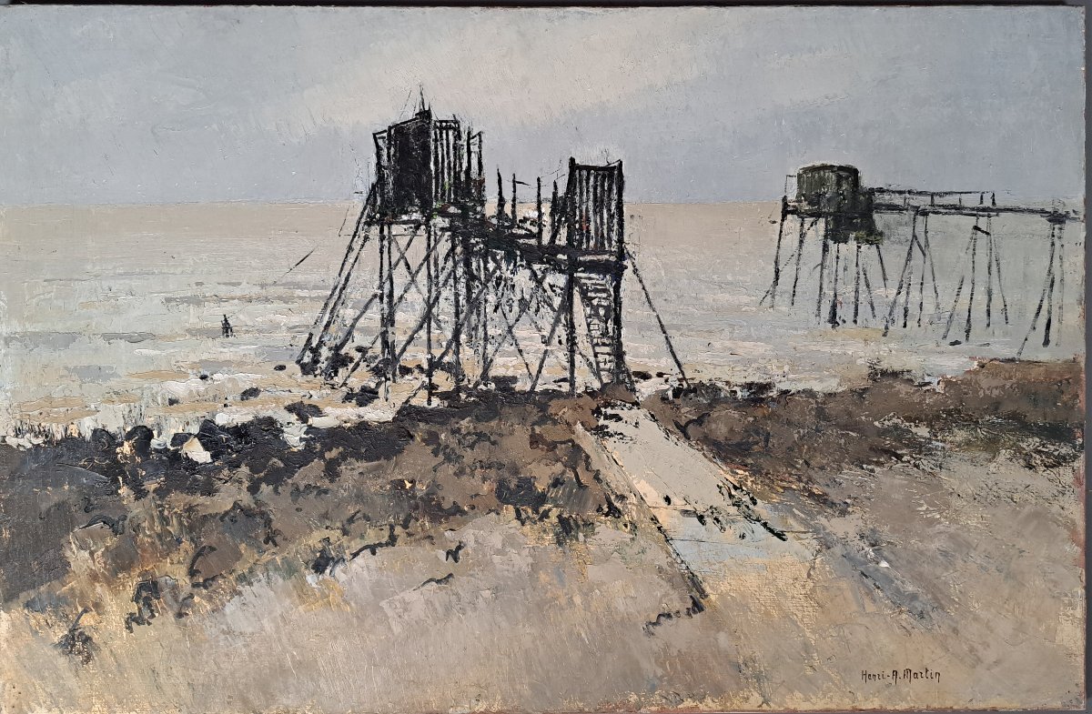 "Carrelets sur l'océan", huile sur Toile par Henri - André MARTIN (1918-2004)