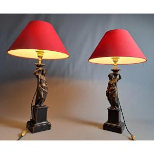 Pair Of Marble And Spelter Lamps.
