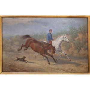 "Cavalier et montures", école française fin 19ème.