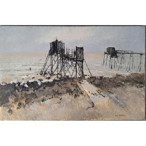 "Carrelets sur l'océan", huile sur Toile par Henri - André MARTIN (1918-2004)