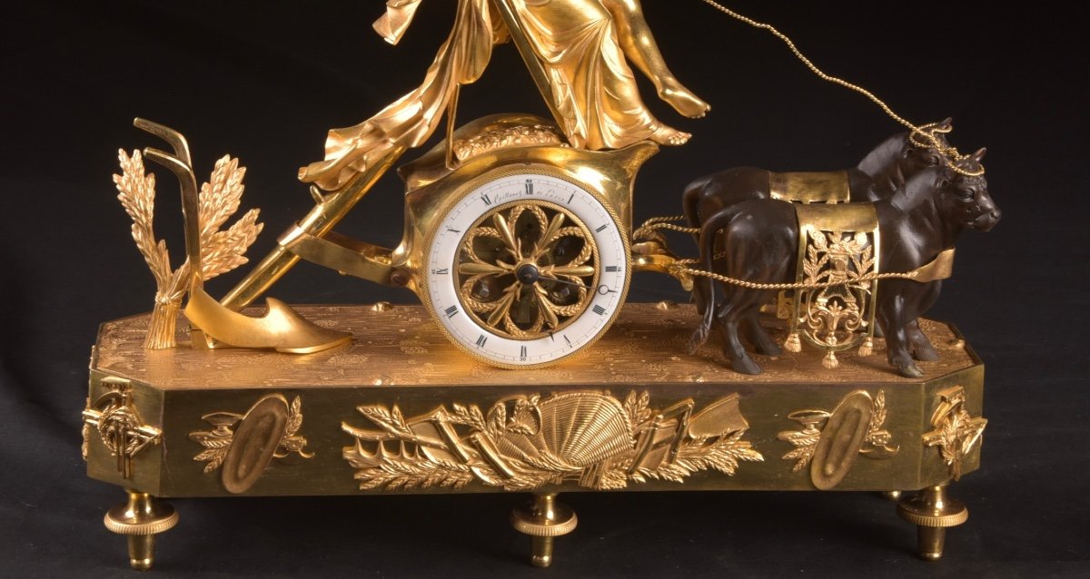 Pendule de cheminée Louis XVI "Le char de Cérès", en bronze doré et patiné-photo-7