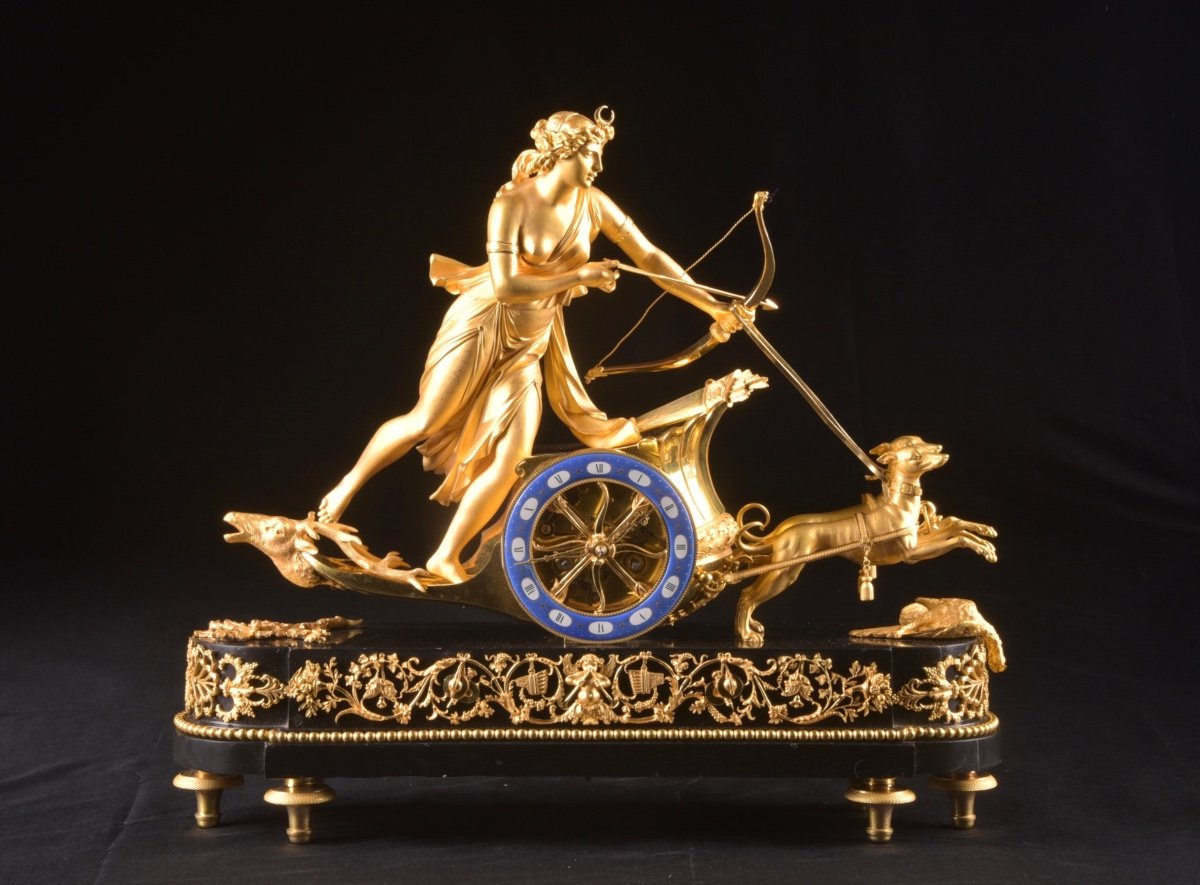 A Large French Empire Chariot Clock, With Diana, Deer And Dogs