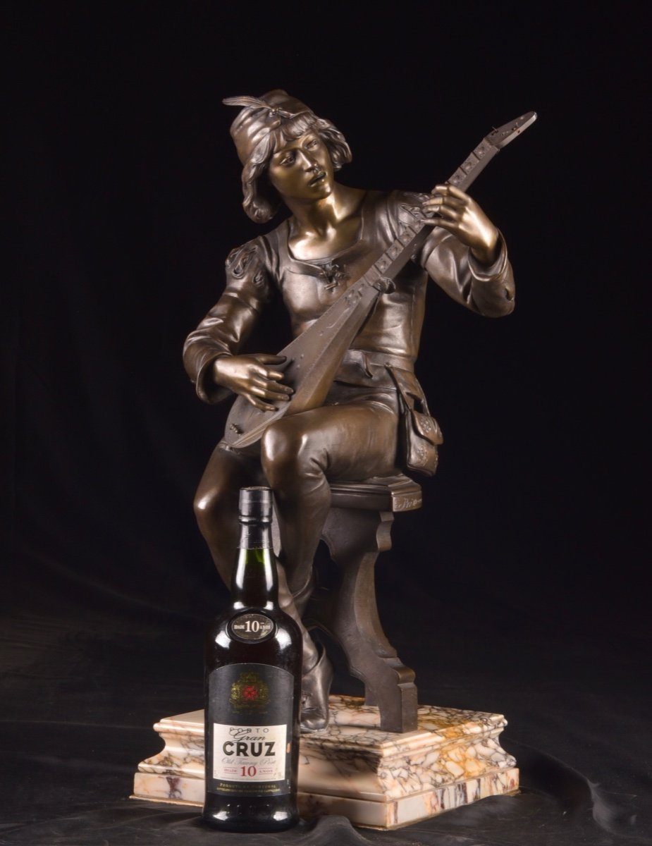 Ménestrel assis, une belle sculpture en bronze du XIXe siècle d'Émile Boisseau (1842-1923)-photo-4