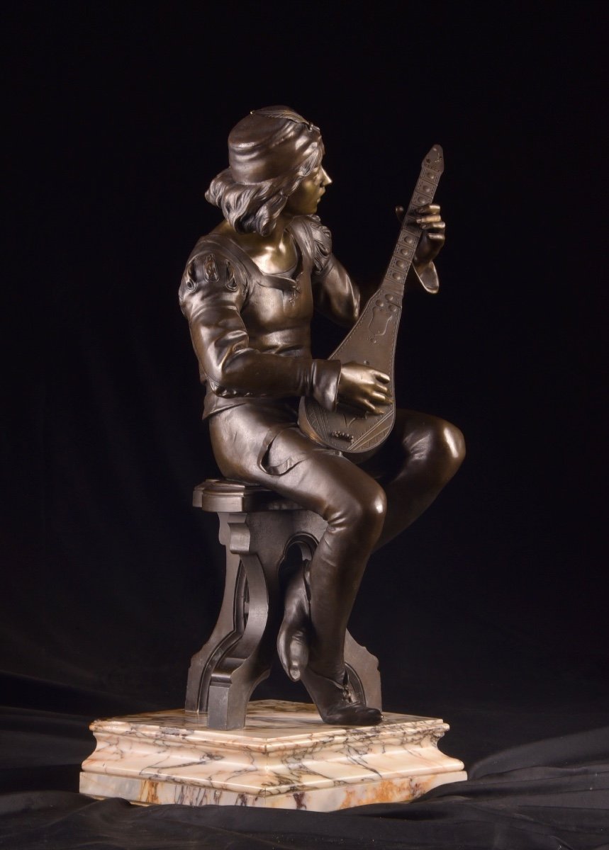 Ménestrel assis, une belle sculpture en bronze du XIXe siècle d'Émile Boisseau (1842-1923)-photo-4