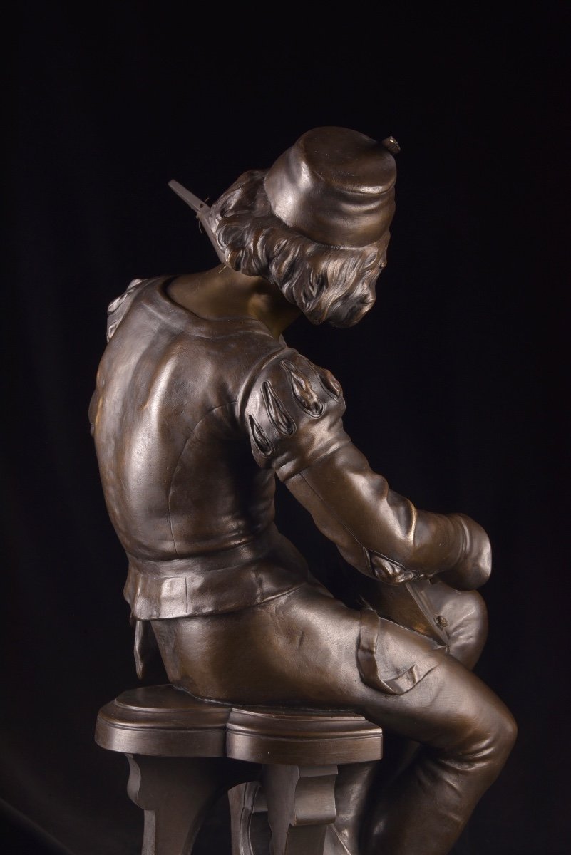Ménestrel assis, une belle sculpture en bronze du XIXe siècle d'Émile Boisseau (1842-1923)-photo-8