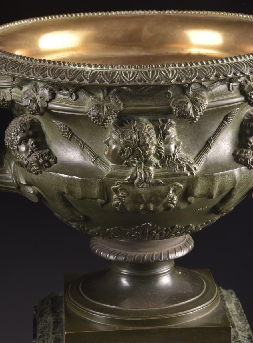 Pair Of Warwick Vases In Patinated Bronze On Green Marble Bases-photo-4