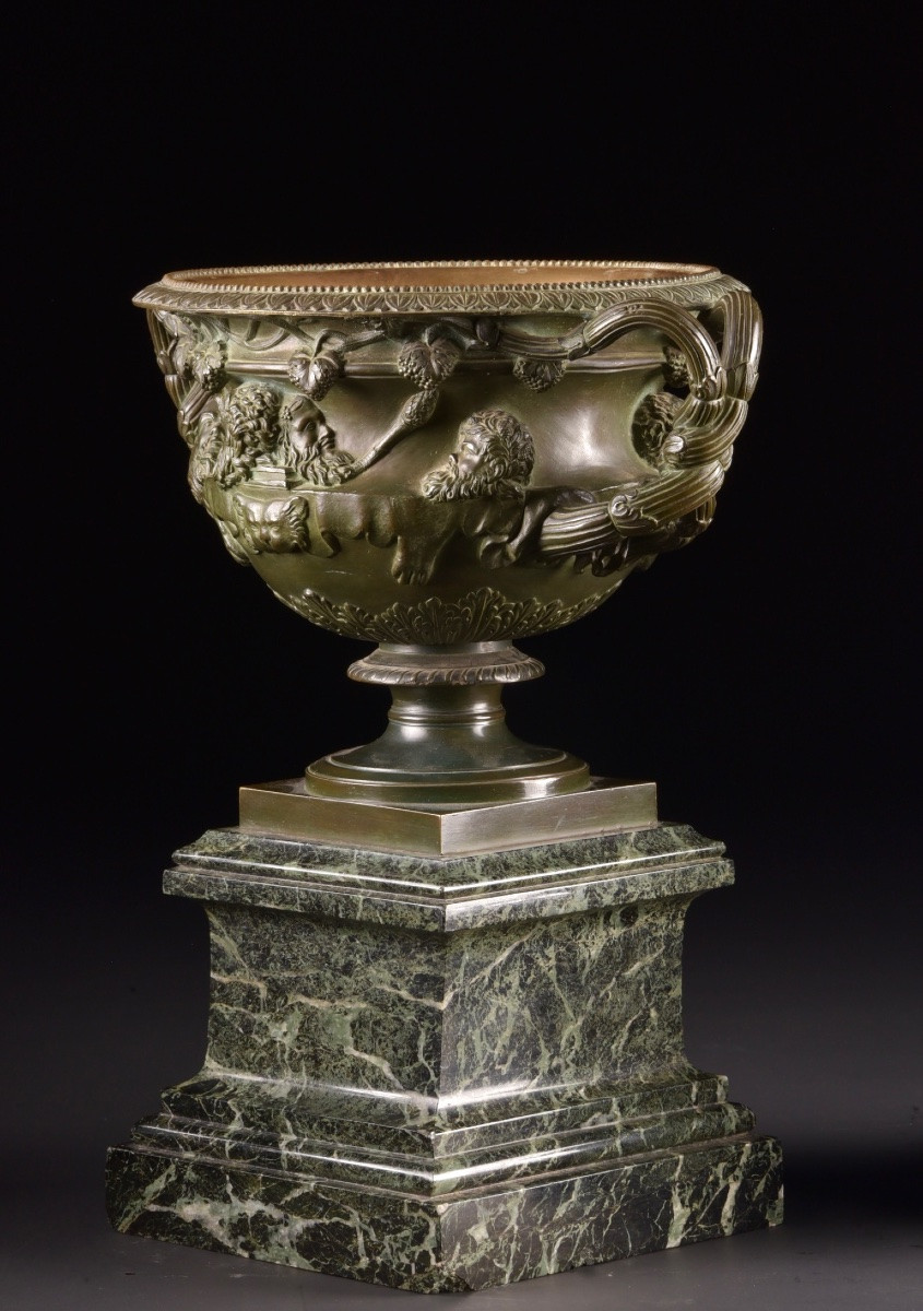 Pair Of Warwick Vases In Patinated Bronze On Green Marble Bases-photo-4