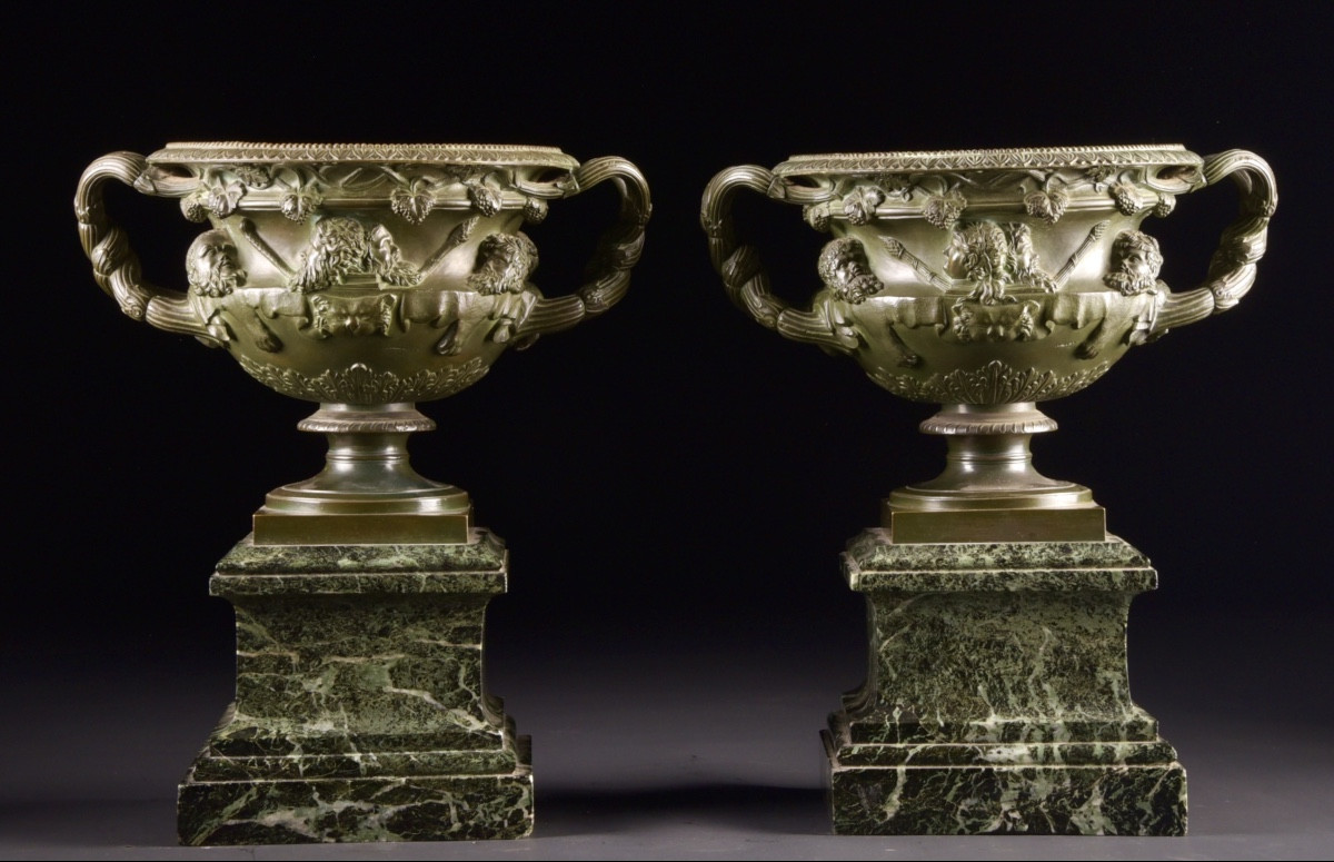 Pair Of Warwick Vases In Patinated Bronze On Green Marble Bases